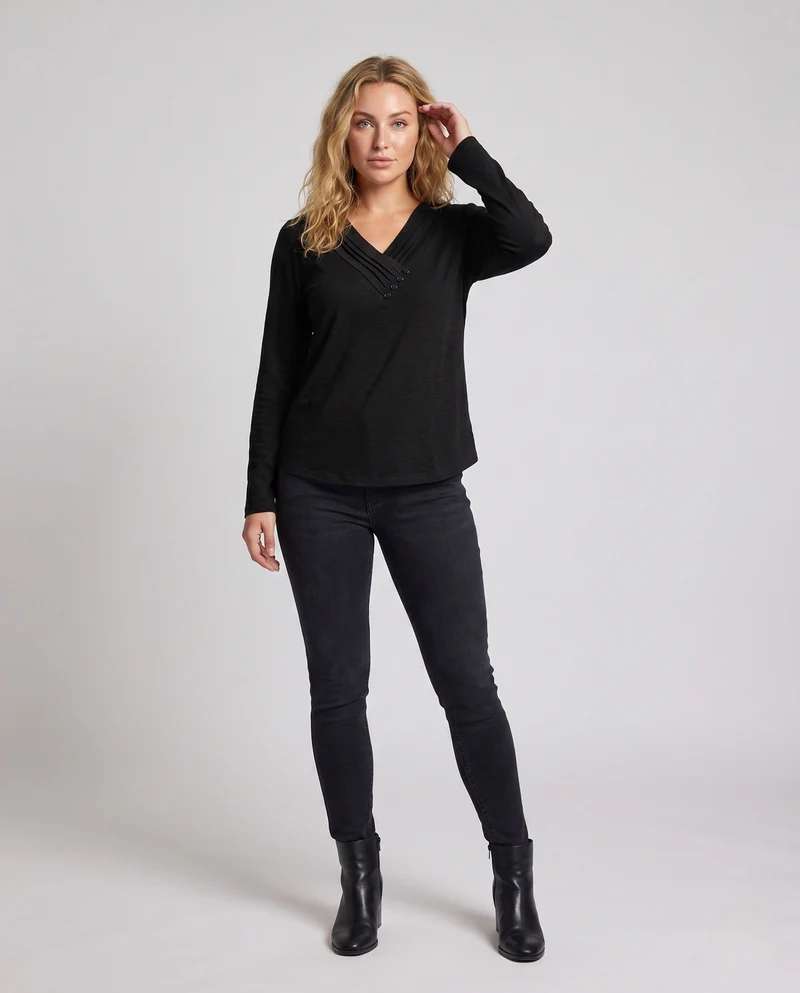 Damen Casual V-Ausschnitt Langarm mit dekorativem Wickel-Panel und dekorativen Knöpfen Nord Taschen