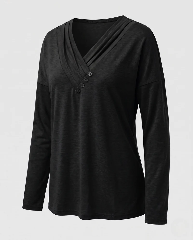 Damen Casual V-Ausschnitt Langarm mit dekorativem Wickel-Panel und dekorativen Knöpfen Nord Taschen