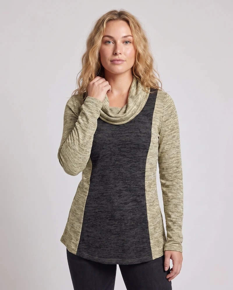 Damen Freizeit Colorblock Tunika Shirt mit Wasserfallkragen und A-Linien Schnitt Nord Taschen