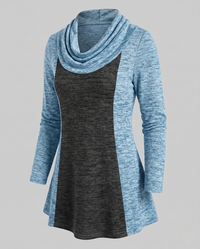 Damen Freizeit Colorblock Tunika Shirt mit Wasserfallkragen und A-Linien Schnitt Nord Taschen