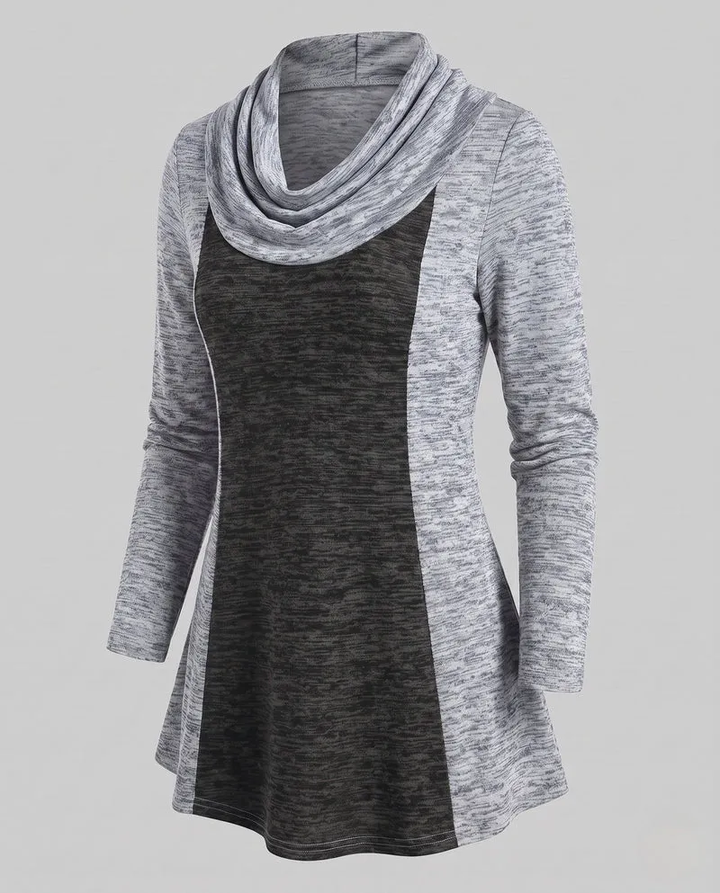 Damen Freizeit Colorblock Tunika Shirt mit Wasserfallkragen und A-Linien Schnitt Nord Taschen