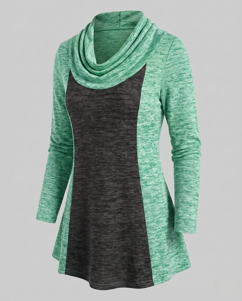 Damen Freizeit Colorblock Tunika Shirt mit Wasserfallkragen und A-Linien Schnitt Nord Taschen