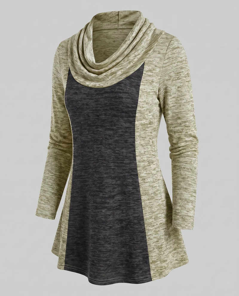 Damen Freizeit Colorblock Tunika Shirt mit Wasserfallkragen und A-Linien Schnitt Nord Taschen