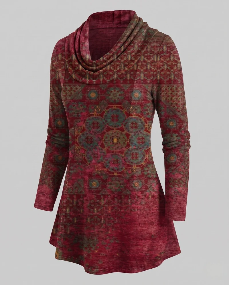 Damen Freizeit Colorblock Tunika Shirt mit Wasserfallkragen und A-Linien Schnitt Nord Taschen