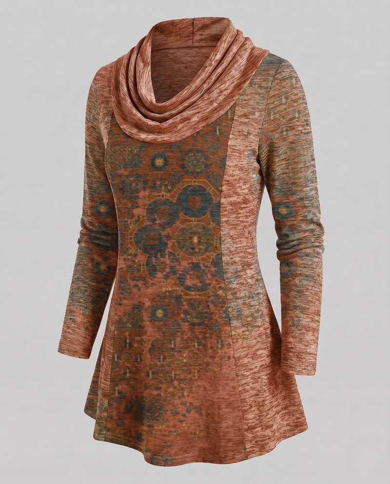Damen Freizeit Colorblock Tunika Shirt mit Wasserfallkragen und A-Linien Schnitt Nord Taschen