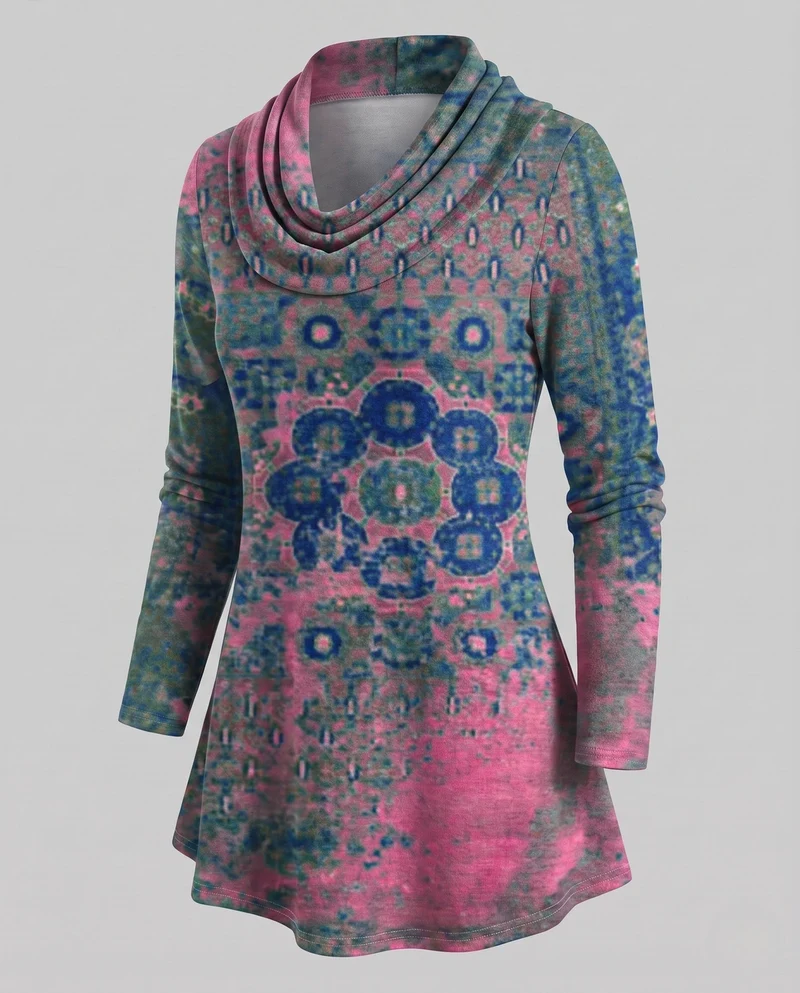 Damen Freizeit Colorblock Tunika Shirt mit Wasserfallkragen und A-Linien Schnitt Nord Taschen