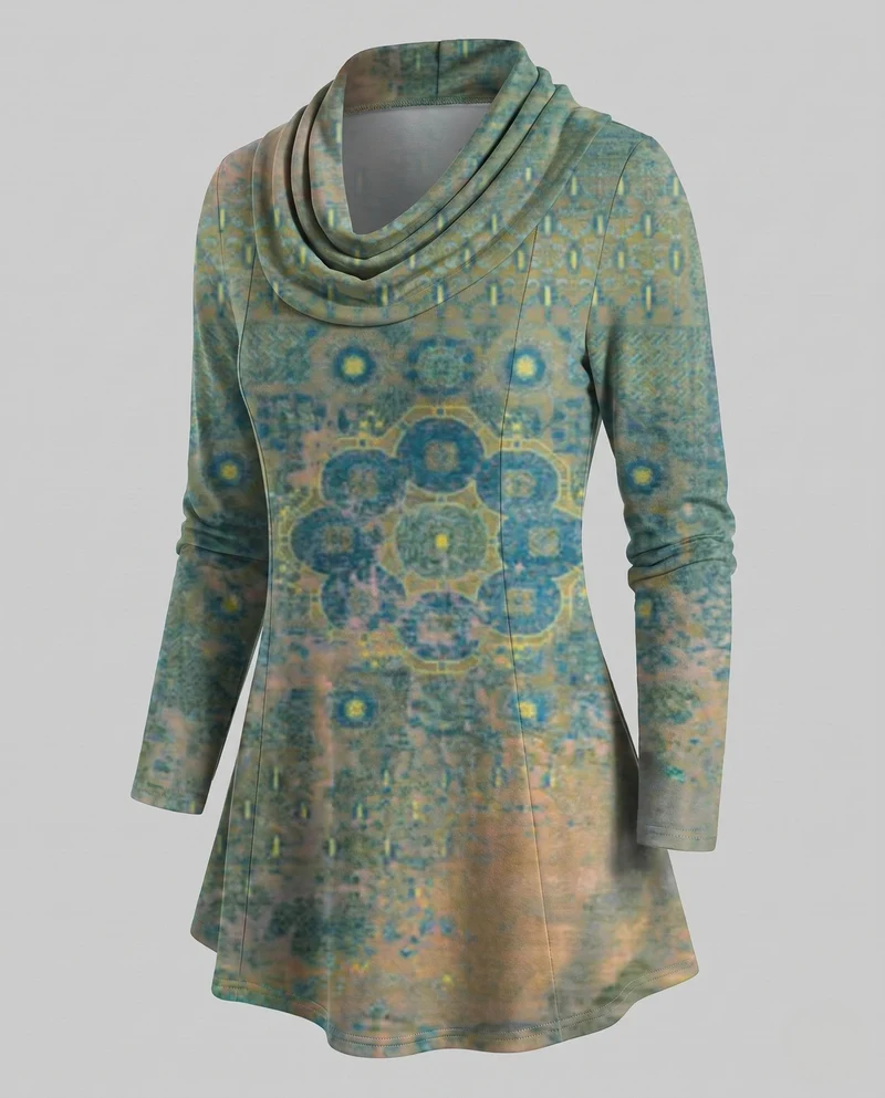 Damen Freizeit Colorblock Tunika Shirt mit Wasserfallkragen und A-Linien Schnitt Nord Taschen