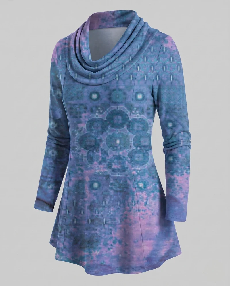 Damen Freizeit Colorblock Tunika Shirt mit Wasserfallkragen und A-Linien Schnitt Nord Taschen