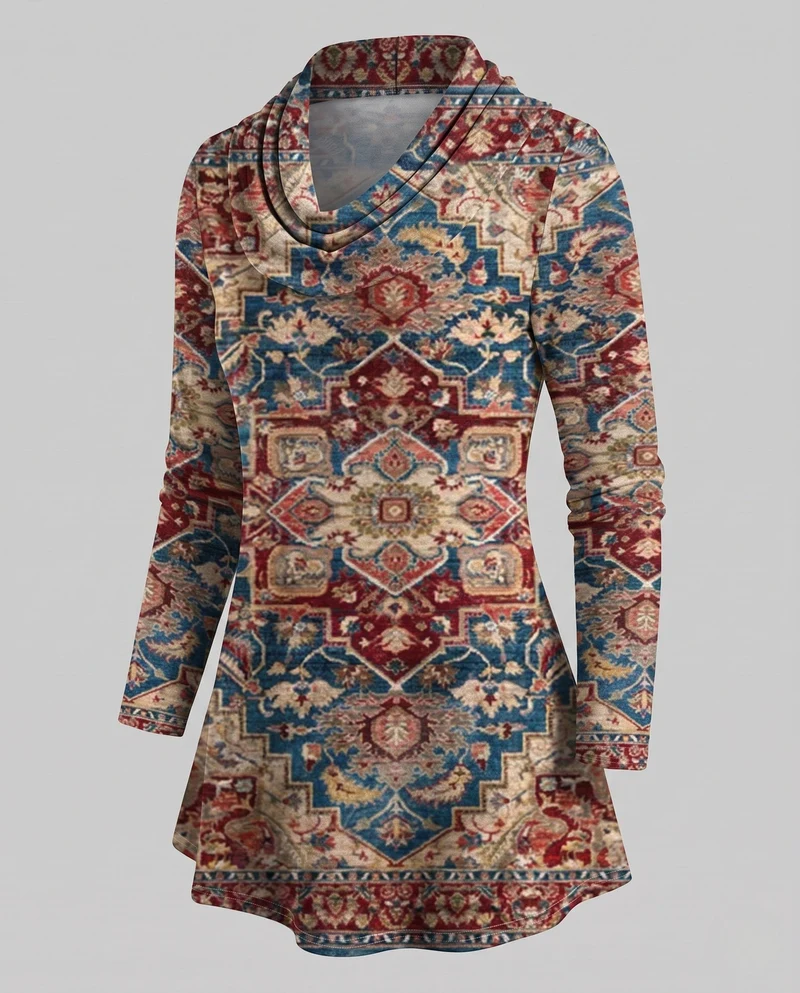 Damen Freizeit Colorblock Tunika Shirt mit Wasserfallkragen und A-Linien Schnitt Nord Taschen