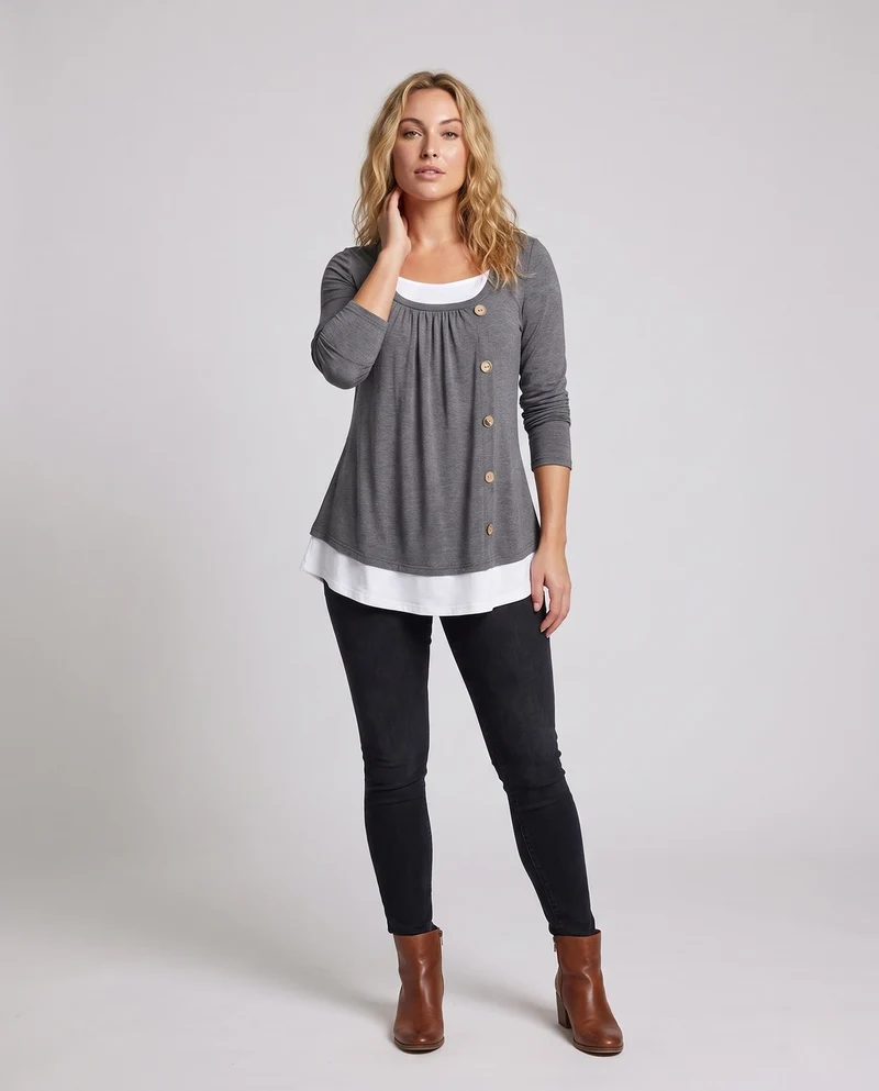 Damen Casual Layering Langarm mit asymmetrischem dekorativem Knopfverschluss und kontrastierendem Saum Nord Taschen