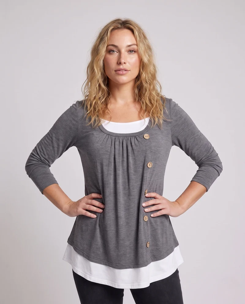 Damen Casual Layering Langarm mit asymmetrischem dekorativem Knopfverschluss und kontrastierendem Saum Nord Taschen