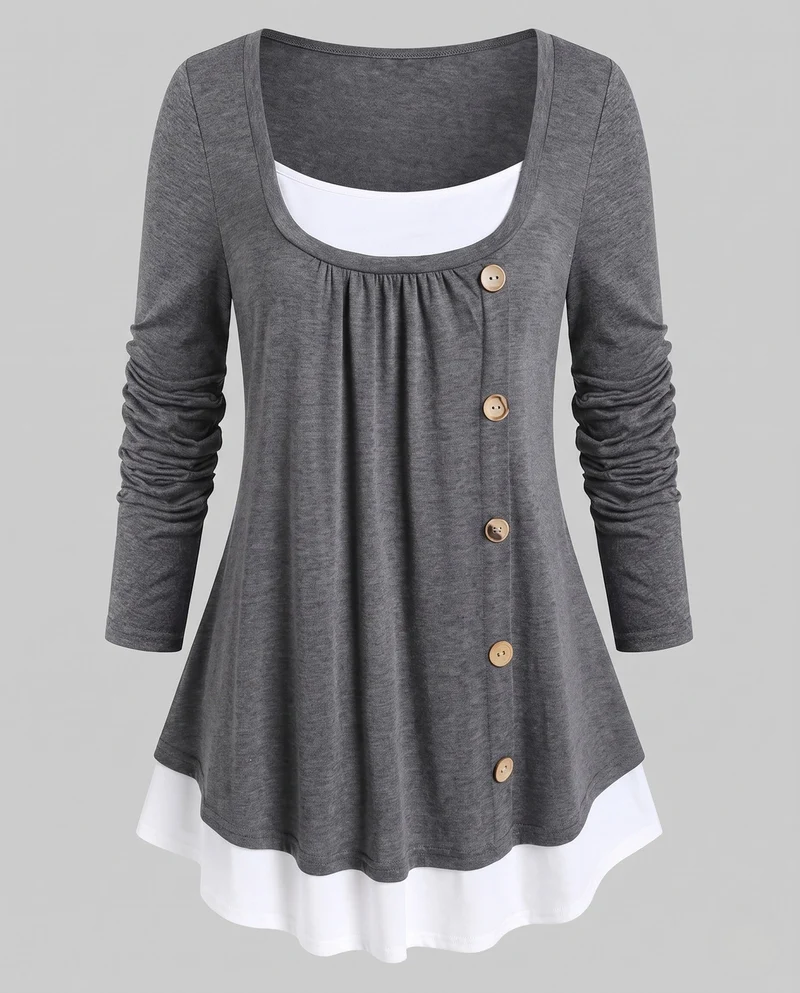 Damen Casual Layering Langarm mit asymmetrischem dekorativem Knopfverschluss und kontrastierendem Saum Nord Taschen
