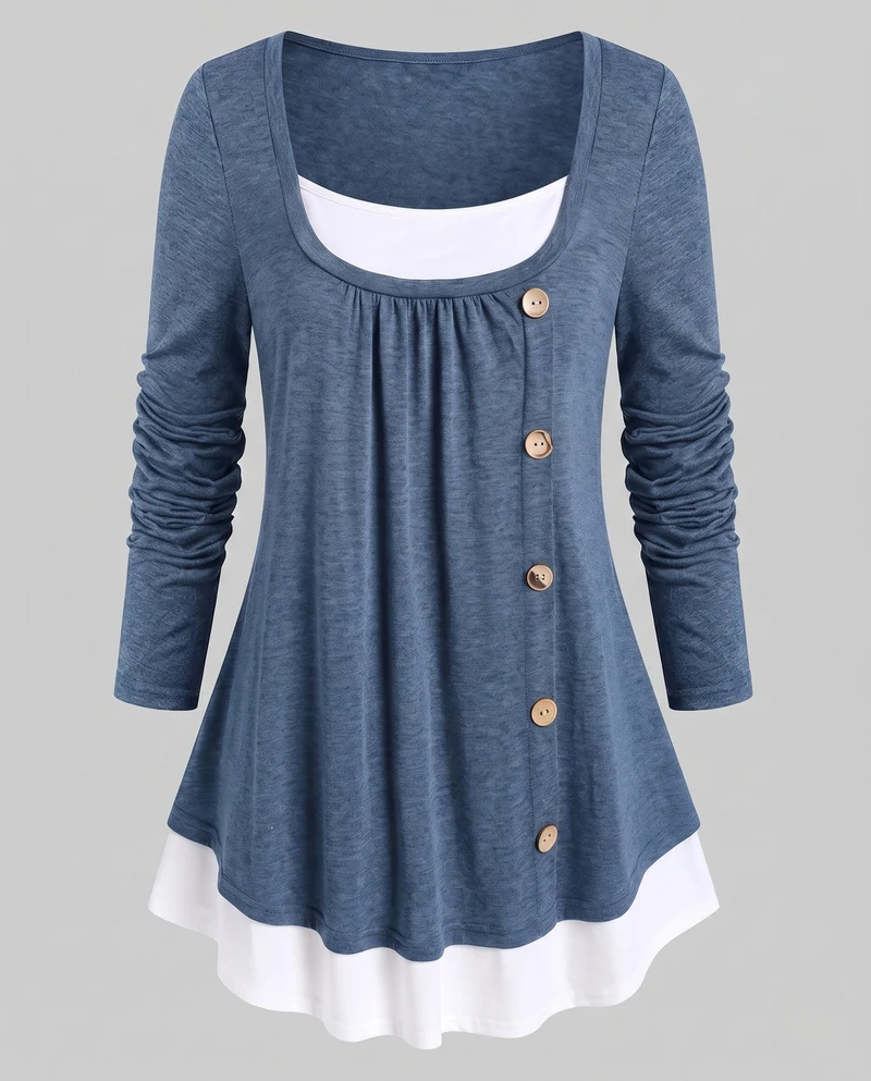 Damen Casual Layering Langarm mit asymmetrischem dekorativem Knopfverschluss und kontrastierendem Saum Nord Taschen