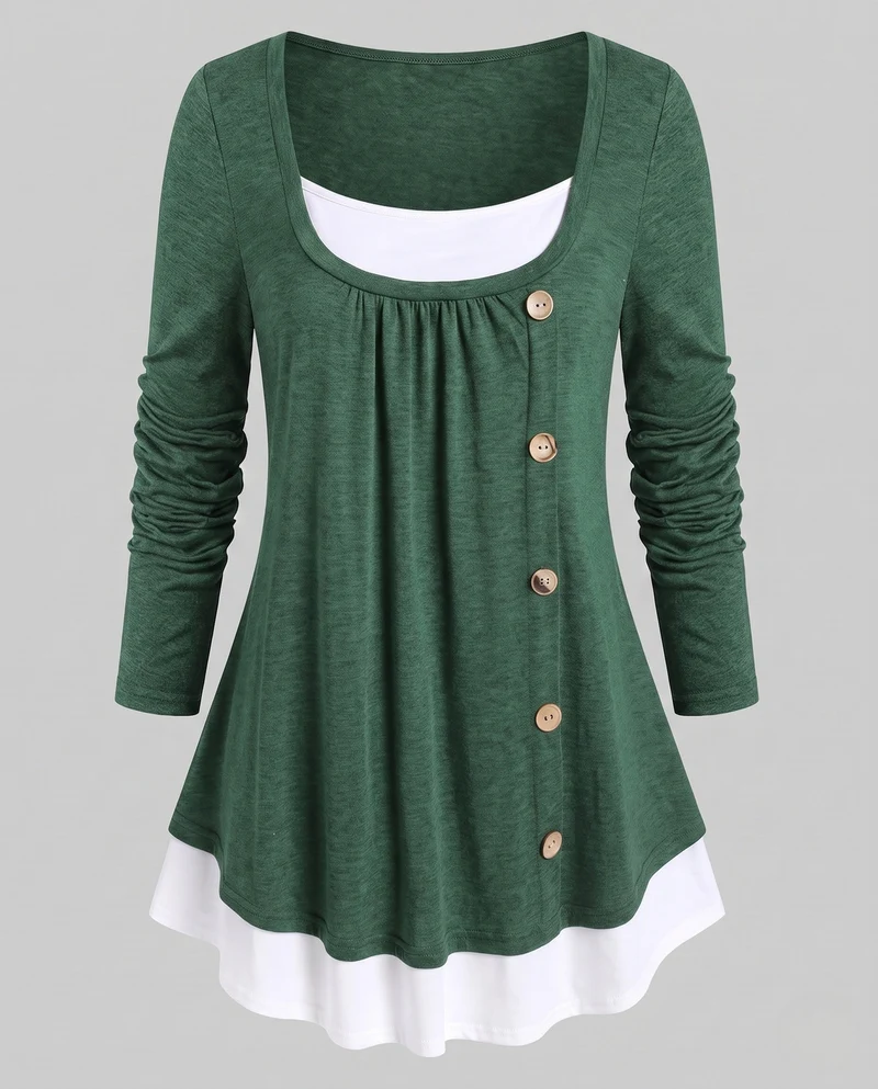 Damen Casual Layering Langarm mit asymmetrischem dekorativem Knopfverschluss und kontrastierendem Saum Nord Taschen