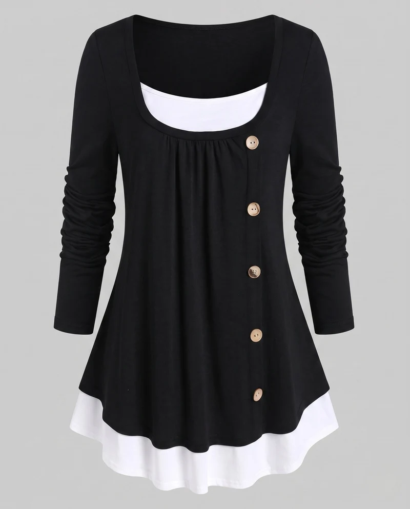 Damen Casual Layering Langarm mit asymmetrischem dekorativem Knopfverschluss und kontrastierendem Saum Nord Taschen