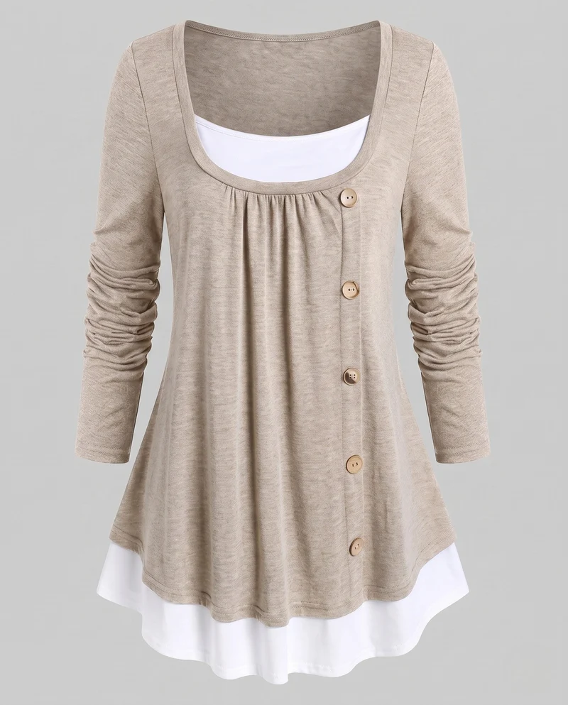 Damen Casual Layering Langarm mit asymmetrischem dekorativem Knopfverschluss und kontrastierendem Saum Nord Taschen
