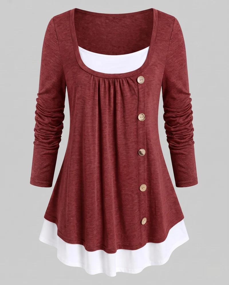 Damen Casual Layering Langarm mit asymmetrischem dekorativem Knopfverschluss und kontrastierendem Saum Nord Taschen