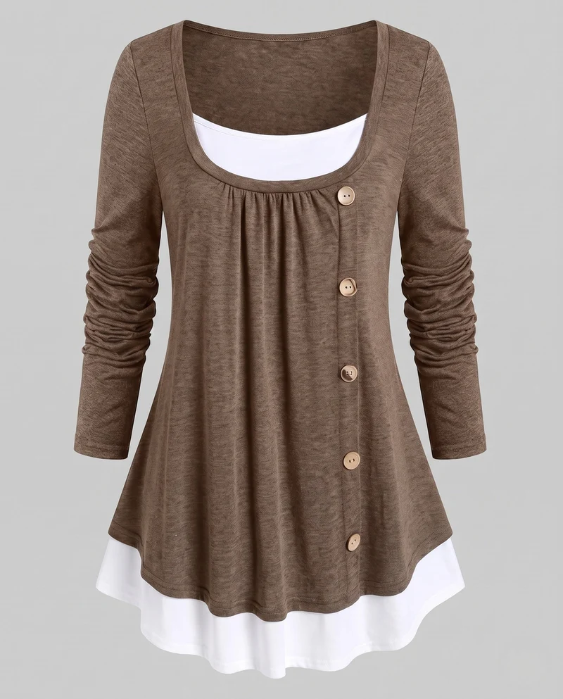 Damen Casual Layering Langarm mit asymmetrischem dekorativem Knopfverschluss und kontrastierendem Saum Nord Taschen
