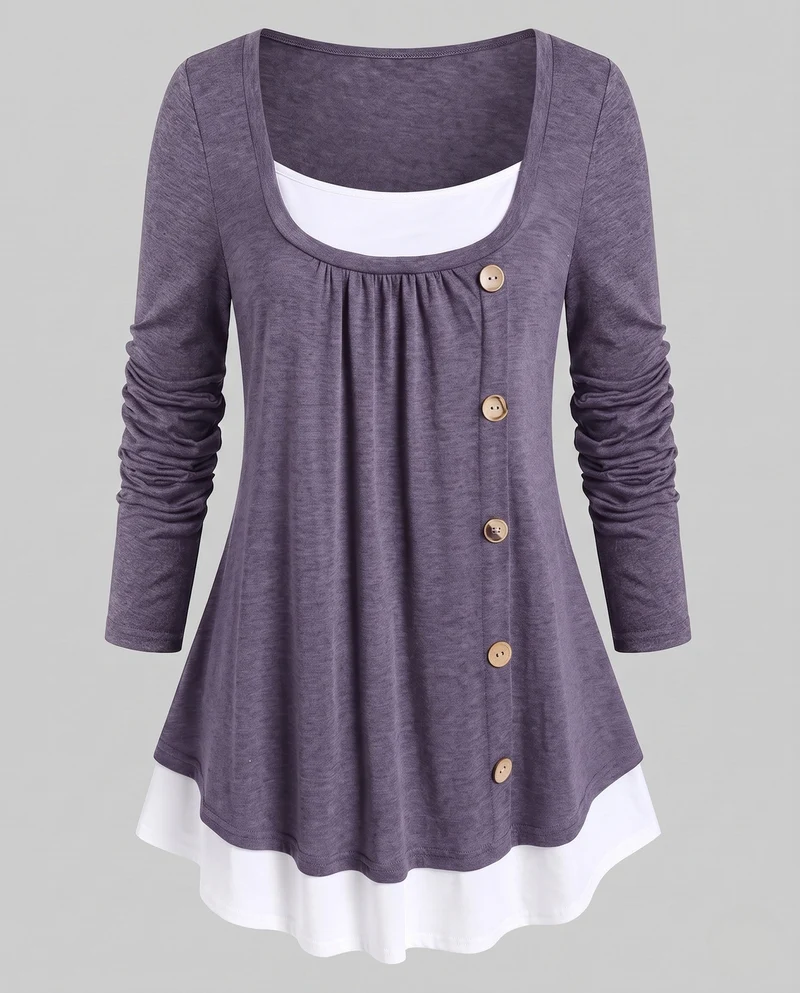 Damen Casual Layering Langarm mit asymmetrischem dekorativem Knopfverschluss und kontrastierendem Saum Nord Taschen