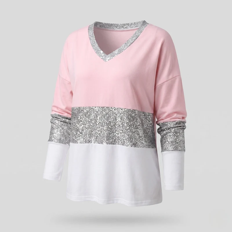Damen Langarmshirt mit V-Ausschnitt, dekorativen Riemen und Herzdruck Nord Taschen