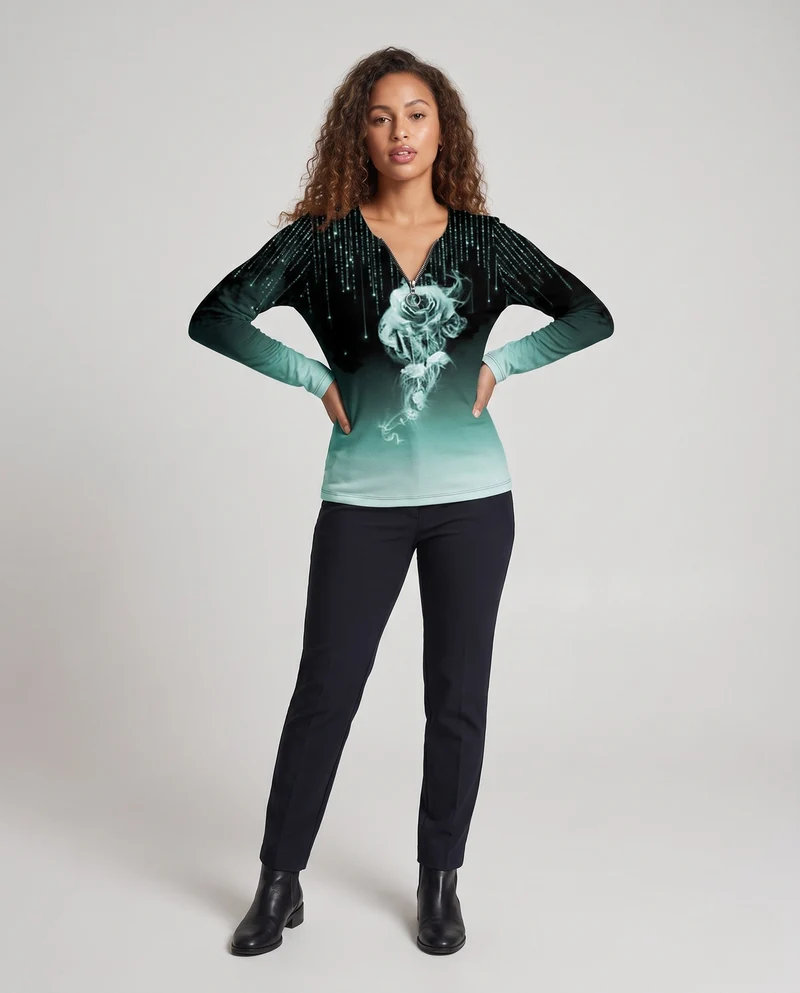 Damen Langarmshirt mit Reißverschluss-Anhänger, Ombre-Gradient und Raurose-Druck Nord Taschen