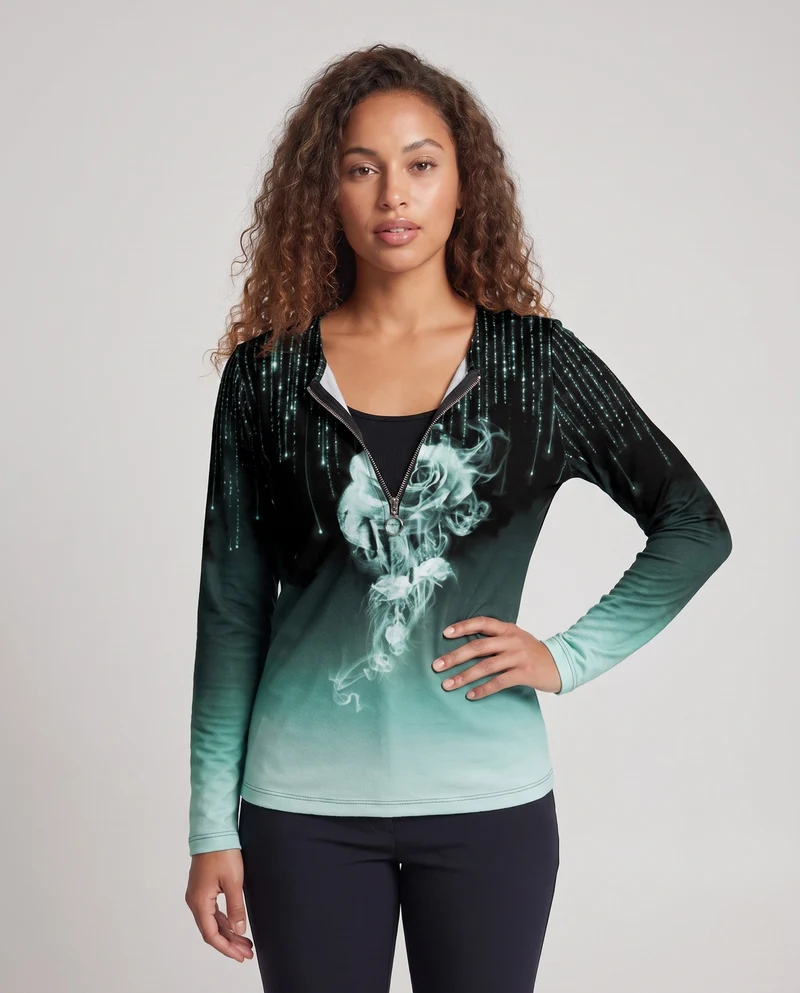 Damen Langarmshirt mit Reißverschluss-Anhänger, Ombre-Gradient und Raurose-Druck Nord Taschen