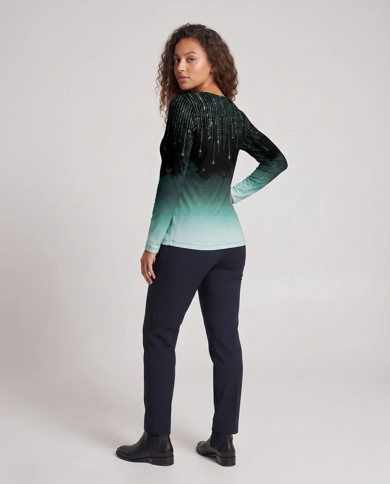 Damen Langarmshirt mit Reißverschluss-Anhänger, Ombre-Gradient und Raurose-Druck Nord Taschen