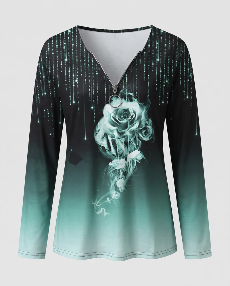 Damen Langarmshirt mit Reißverschluss-Anhänger, Ombre-Gradient und Raurose-Druck Nord Taschen