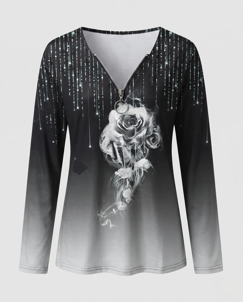 Damen Langarmshirt mit Reißverschluss-Anhänger, Ombre-Gradient und Raurose-Druck Nord Taschen