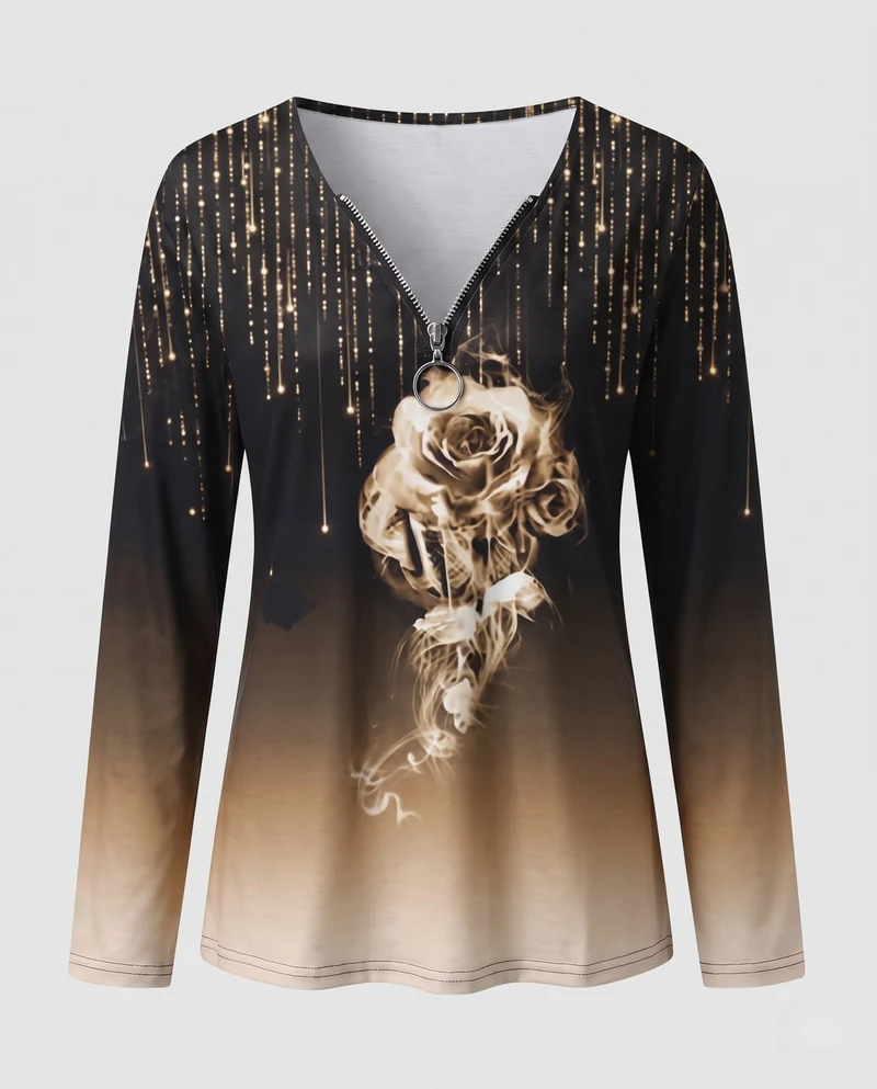 Damen Langarmshirt mit Reißverschluss-Anhänger, Ombre-Gradient und Raurose-Druck Nord Taschen