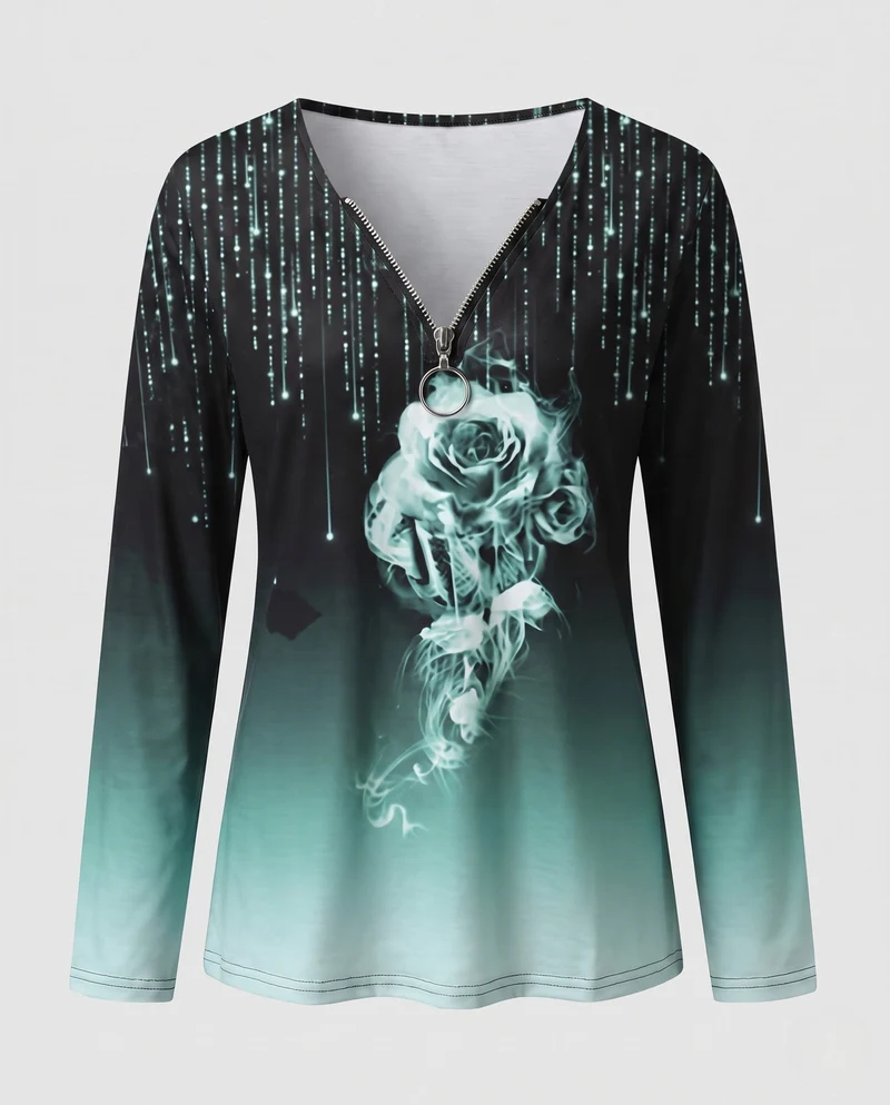 Damen Langarmshirt mit Reißverschluss-Anhänger, Ombre-Gradient und Raurose-Druck Nord Taschen