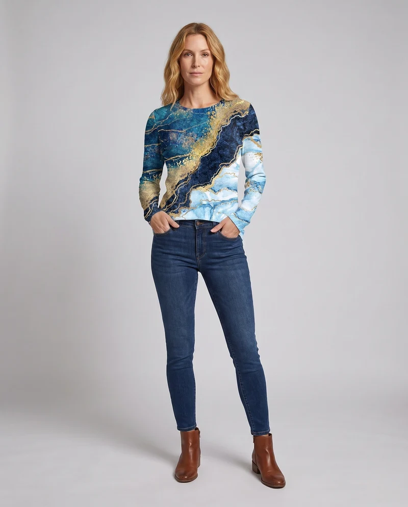 Damen Langarmshirt mit abstraktem Marmorprint und schimmernden Goldakzenten Nord Taschen