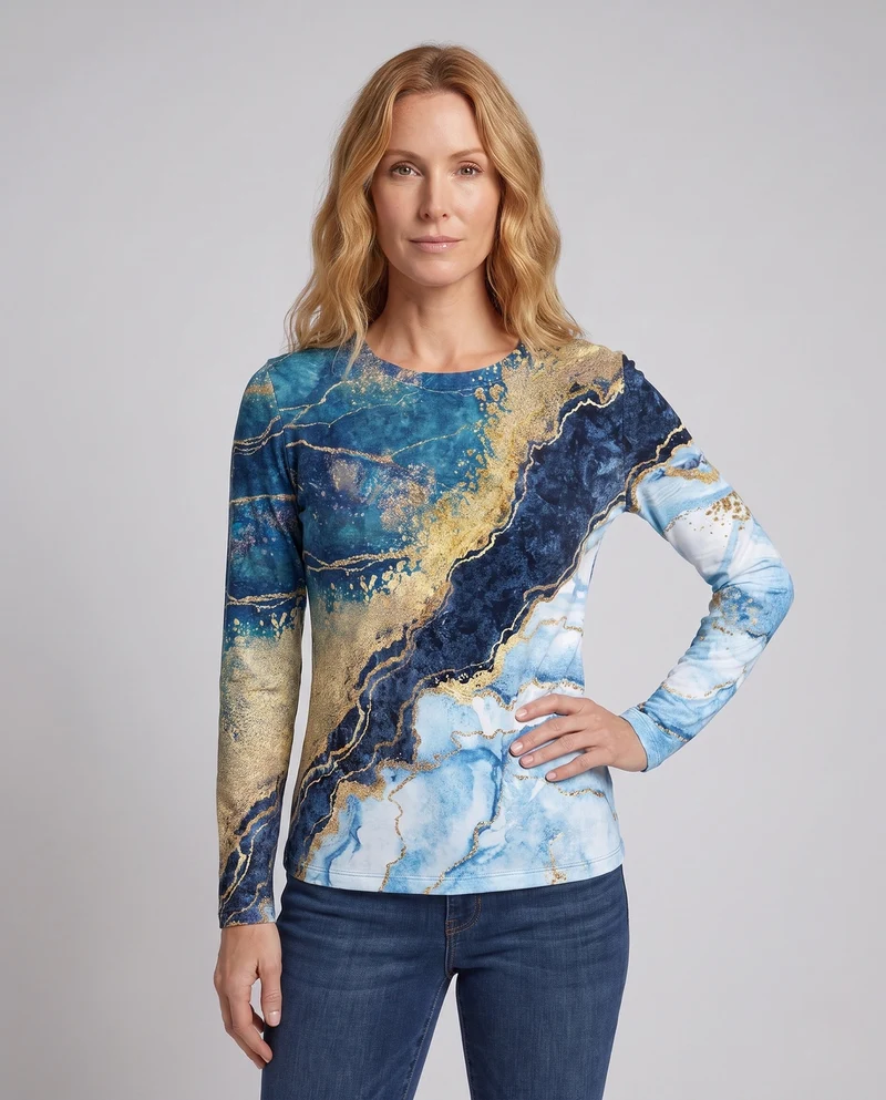 Damen Langarmshirt mit abstraktem Marmorprint und schimmernden Goldakzenten Nord Taschen