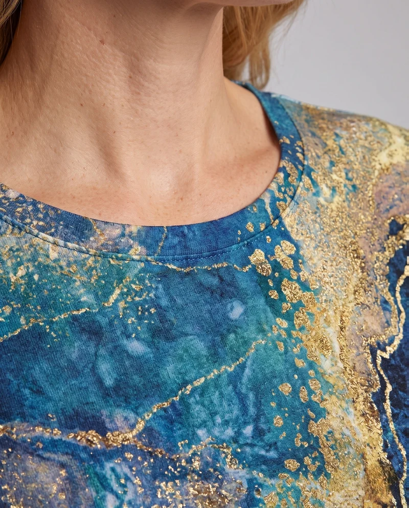 Damen Langarmshirt mit abstraktem Marmorprint und schimmernden Goldakzenten Nord Taschen
