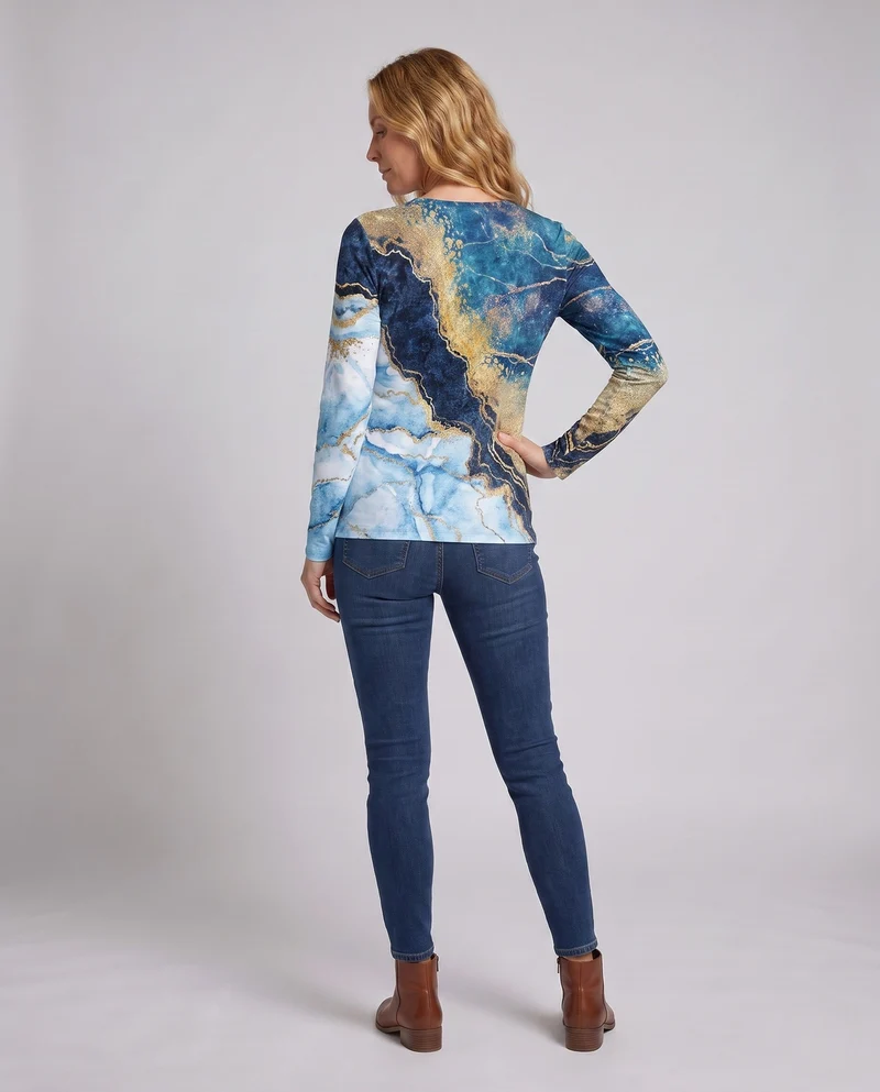 Damen Langarmshirt mit abstraktem Marmorprint und schimmernden Goldakzenten Nord Taschen