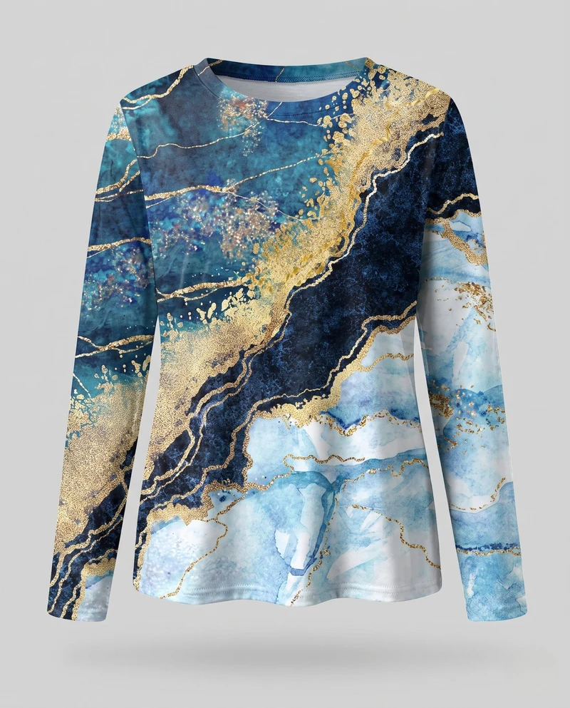 Damen Langarmshirt mit abstraktem Marmorprint und schimmernden Goldakzenten Nord Taschen
