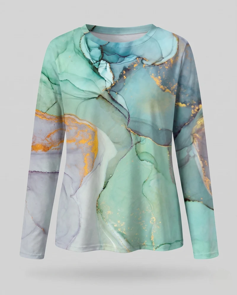 Damen Langarmshirt mit abstraktem Marmorprint und schimmernden Goldakzenten Nord Taschen