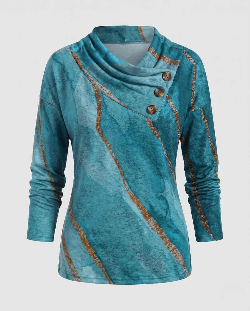 Frauen Langarmshirt mit asymmetrischem Wasserfallkragen und dekorativer Knopfleiste Nord Taschen