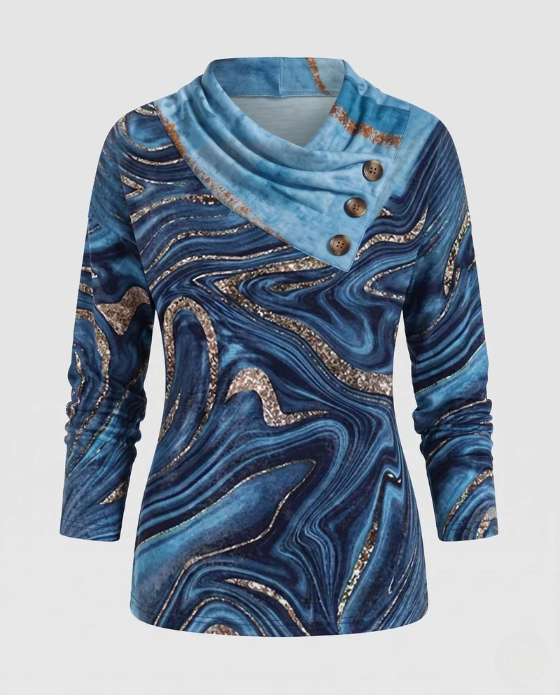 Frauen Langarmshirt mit asymmetrischem Wasserfallkragen und dekorativer Knopfleiste Nord Taschen