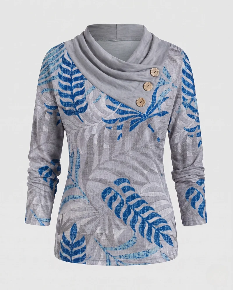 Frauen Langarmshirt mit asymmetrischem Wasserfallkragen und dekorativer Knopfleiste Nord Taschen