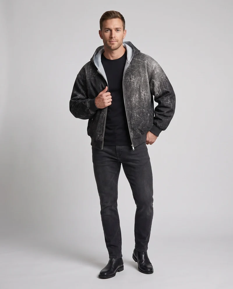 Herren Oversized Bomberjacke mit Marmorwasch-Effekt, Kapuze & doppeltem Reißverschluss Nord Taschen