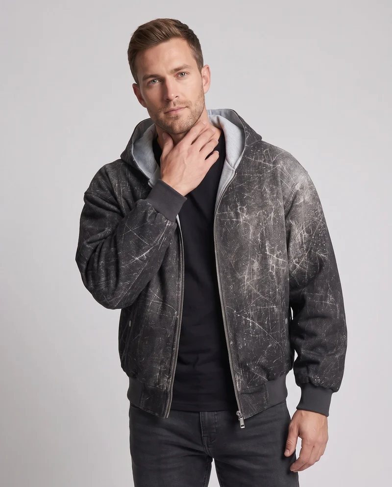 Herren Oversized Bomberjacke mit Marmorwasch-Effekt, Kapuze & doppeltem Reißverschluss Nord Taschen