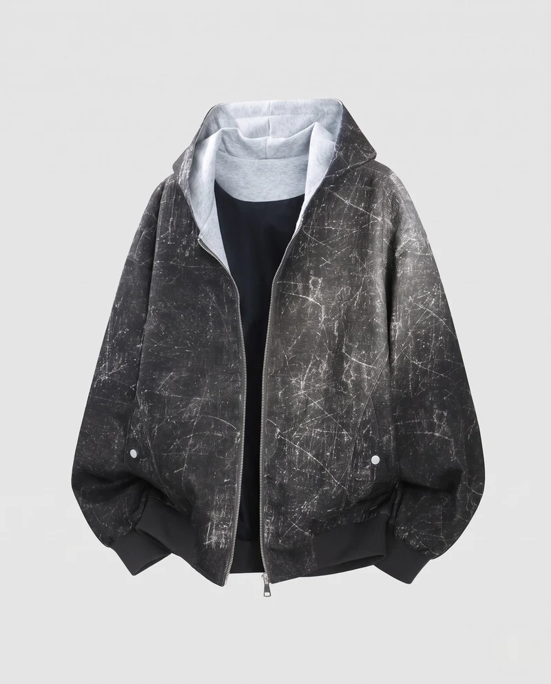 Herren Oversized Bomberjacke mit Marmorwasch-Effekt, Kapuze & doppeltem Reißverschluss Nord Taschen