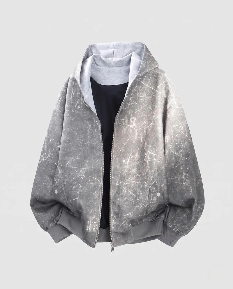 Herren Oversized Bomberjacke mit Marmorwasch-Effekt, Kapuze & doppeltem Reißverschluss Nord Taschen