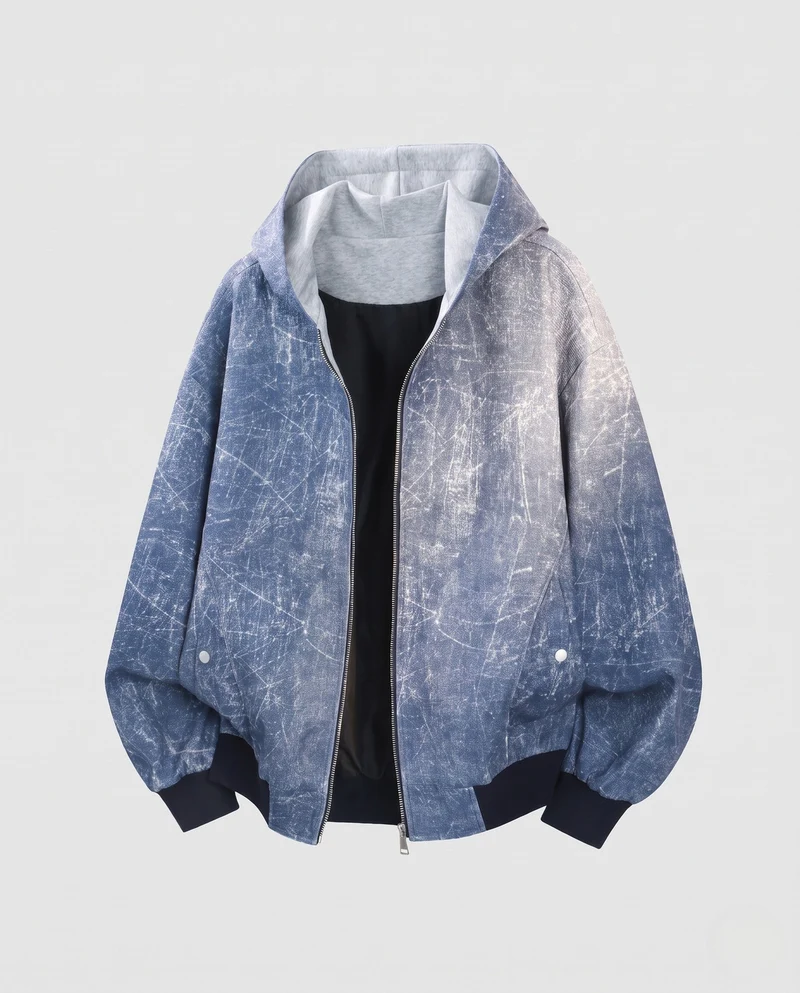 Herren Oversized Bomberjacke mit Marmorwasch-Effekt, Kapuze & doppeltem Reißverschluss Nord Taschen