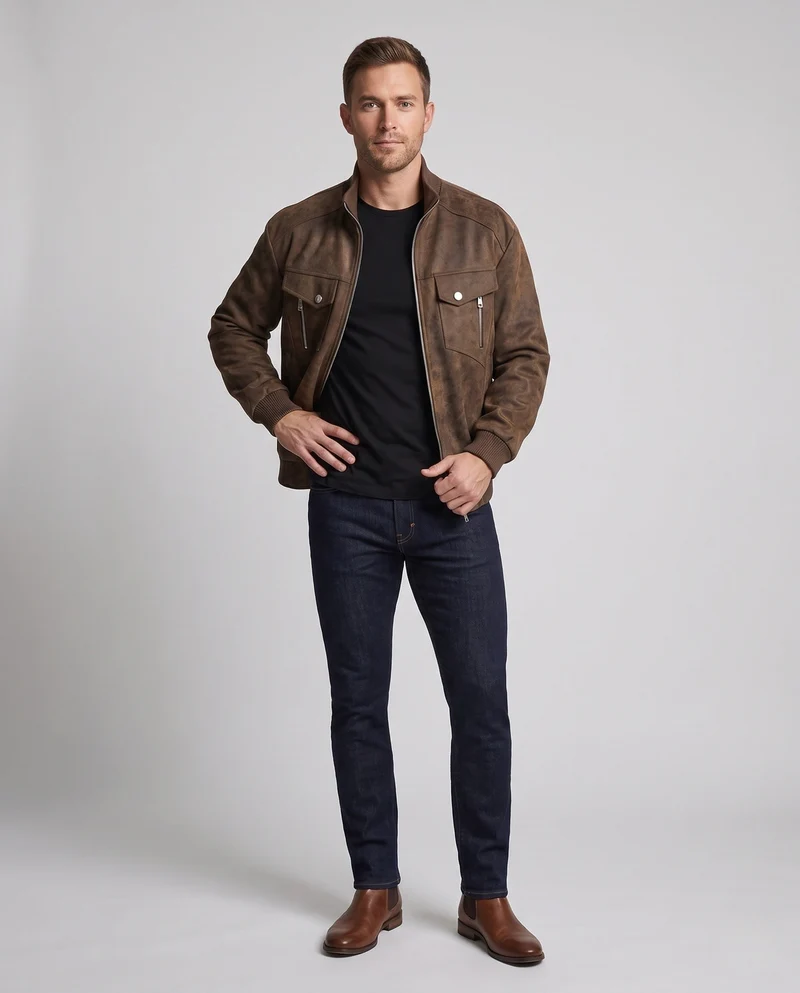 Herren Oversize Bomberjacke im Wildleder-Look mit doppelten Fronttaschen, Metallreißverschluss & hohem Rippsaum Nord Taschen