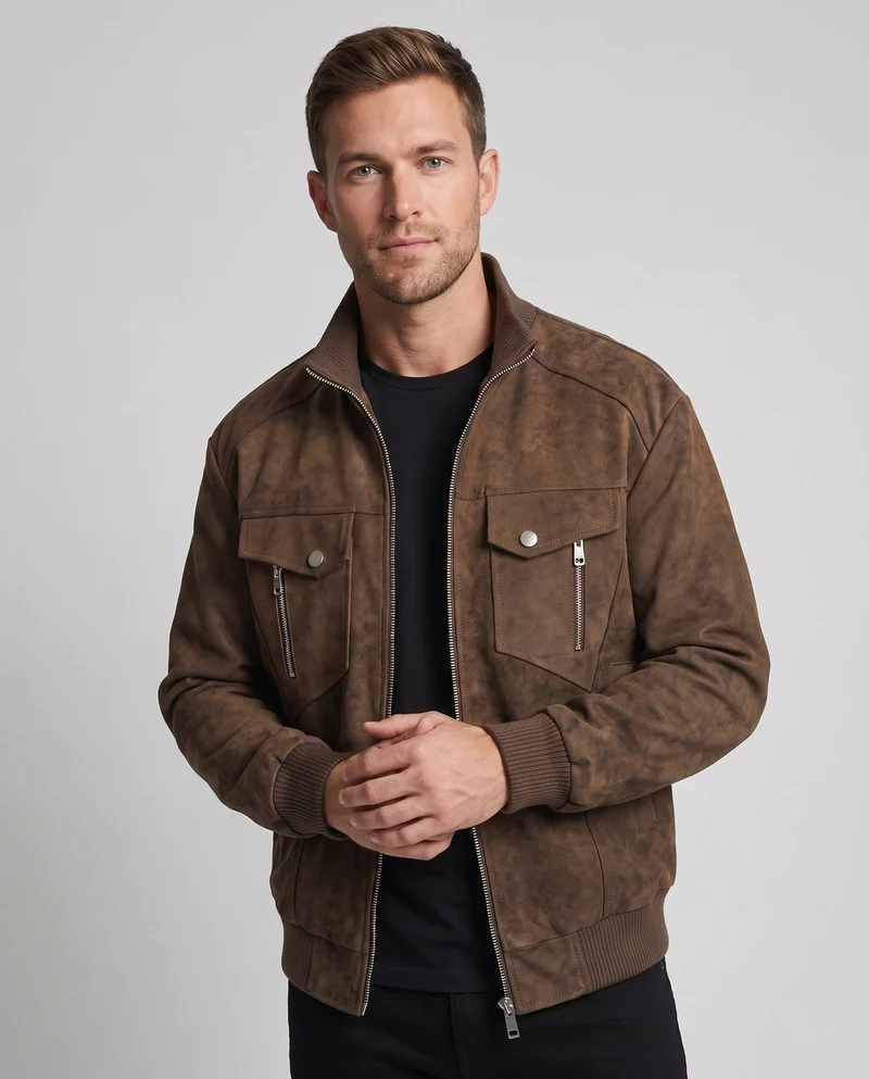 Herren Oversize Bomberjacke im Wildleder-Look mit doppelten Fronttaschen, Metallreißverschluss & hohem Rippsaum Nord Taschen