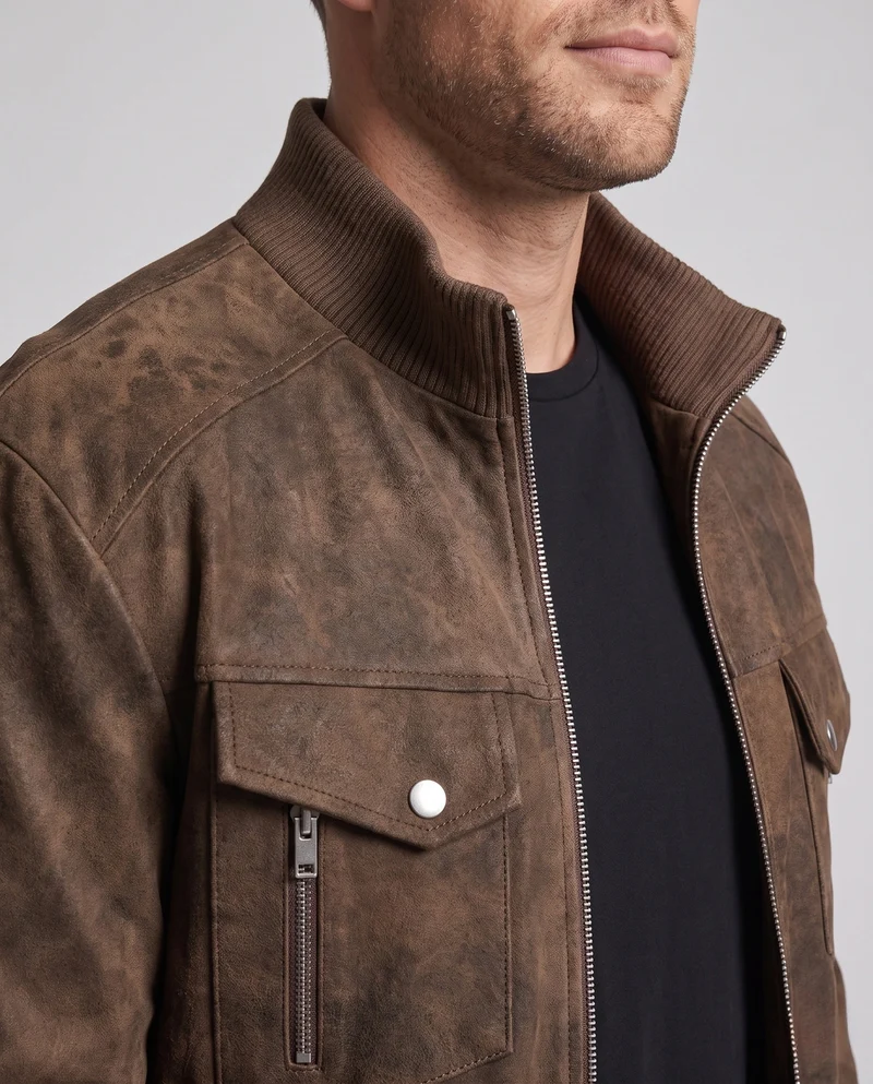 Herren Oversize Bomberjacke im Wildleder-Look mit doppelten Fronttaschen, Metallreißverschluss & hohem Rippsaum Nord Taschen