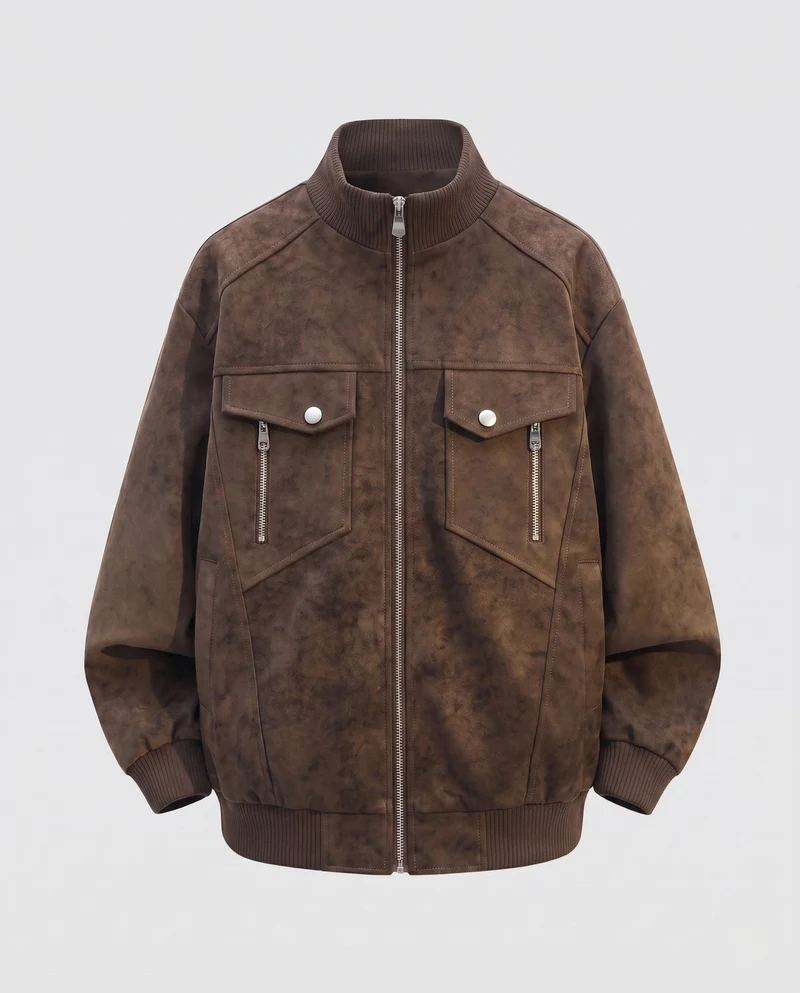 Herren Oversize Bomberjacke im Wildleder-Look mit doppelten Fronttaschen, Metallreißverschluss & hohem Rippsaum Nord Taschen