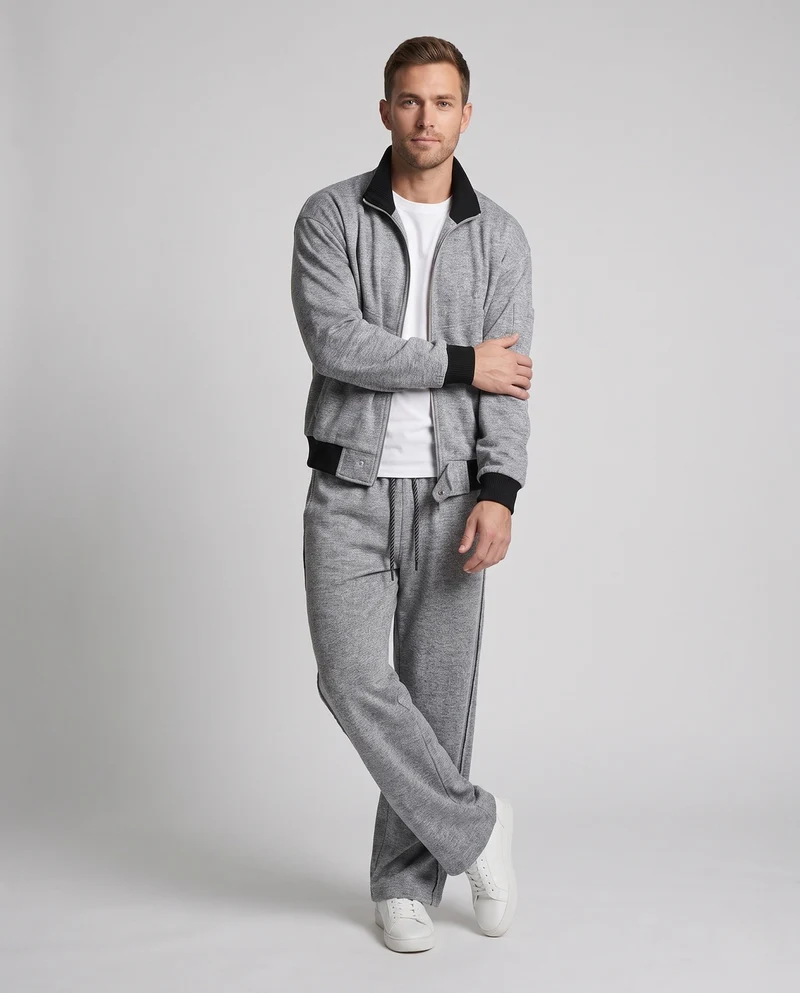 Herren Oversized Bomberjacke mit Reißverschluss & lockeren Kordelzug Jogginghosen Nord Taschen